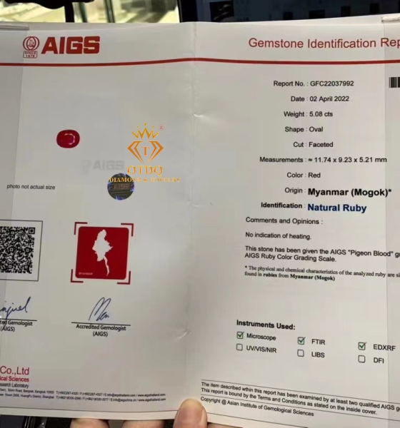 Nhẫn Nữ Ruby  Mogok Myanmar 5.08 Carat