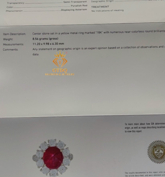 NHẪN NỮ RUBY SAO  8 CARAT MYANMAR - CHỨNG NHẬN GIA